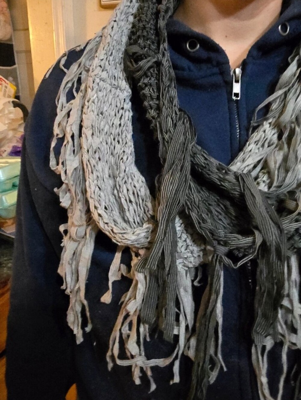 !!. Women’s Fringe Knit Scarf — Gray Two-Tone